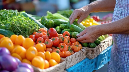 Fototapeta premium Fresh Tomatoes Cucumbers and Greens at Farmers Market