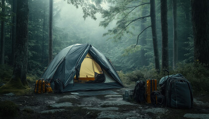 setup of a camp at the base of a forested mountain