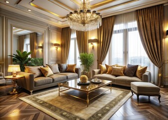 Luxurious gold curtains elegantly draping a modern living room with stylish decor and warm ambiance
