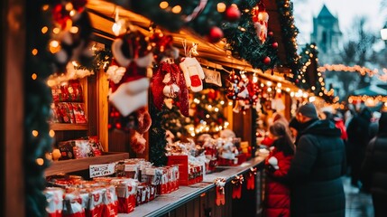 Charming Christmas market stalls illuminated by festive lights and adorned with holiday decorations, creating a warm and cozy atmosphere. The scene captures the essence of a traditional holiday market