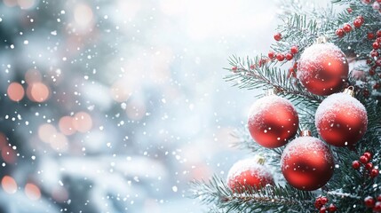 Snow-covered Christmas Tree Branch with Red Ornaments