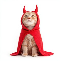 A cat dressed as a devil, Halloween pet costume, red horns and cape, sitting proudly, isolated on white background