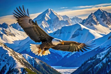 Majestic Bald Eagle Soaring Over Scenic Alaskan Landscape with Clear Blue Sky and Snowy Mountains
