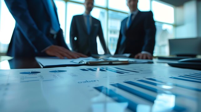 Close-up view of table with financial charts and blurred businessmen in background for representing focus dedication teamwork strategic planning and business analysis concept.