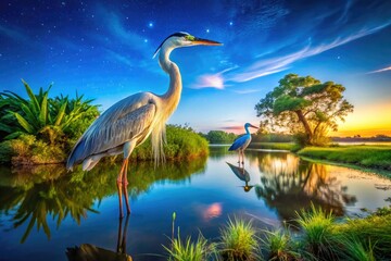 Majestic Bird and Crane in Serene Natural Habitat Under a Bright Blue Sky and Lush Greenery