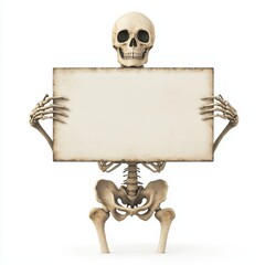 A skeleton holding a signboard, spooky graveyard scene, plenty of space on the sign for text,...