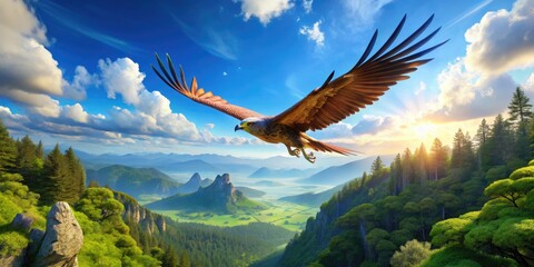 Majestic Bird Titan Soaring Above Lush Green Landscape with Bright Blue Sky in the Background