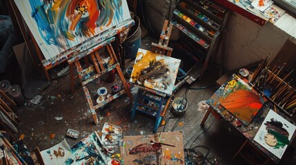 Obraz premium Colorful Art Studio with Creative Supplies and Canvases