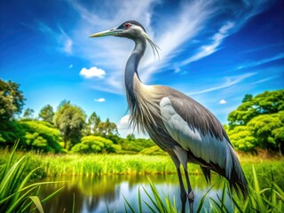 Majestic Blue Crane Standing Gracefully in Lush Green Habitat Under Bright Blue Sky in Nature