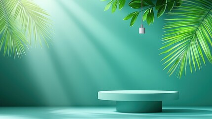 Obraz premium Green Minimalist Product Display Podium with Palm Leaves and Light