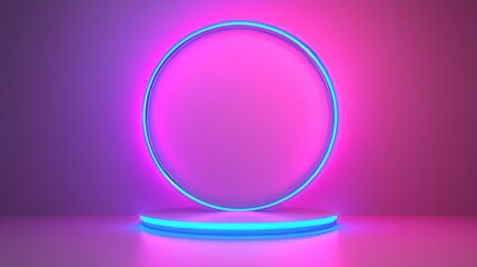 Obraz premium Neon light circle and platform on pink background.