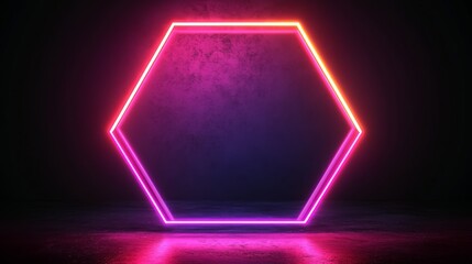 Glowing neon hexagonal frame with smoke and reflection on a black background.