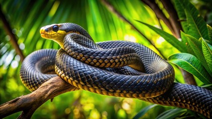 Obraz premium Majestic Golden Black Snake Coiled on a Branch in a Lush Green Environment Under Natural Light