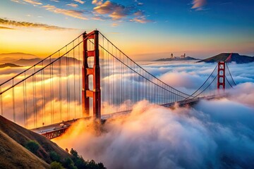 Fototapeta premium Majestic Golden Gate Bridge Emerging from Thick Fog on a Mysterious San Francisco Morning
