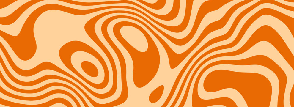 Retro caramel line background. Salted caramel liquid desert texture. Wavy swirl candy pattern for poster, cover, banner, pamphlet. Orange hippie wallpaper in 60s or 70s style. Vector