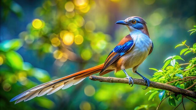 Majestic Mockingjay Bird Perched on a Branch in a Lush Forest Setting Under a Bright Blue Sky