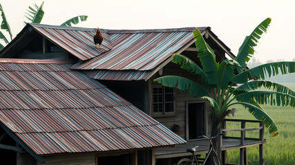 AI image generate dilapidated house on the edge of rice fields