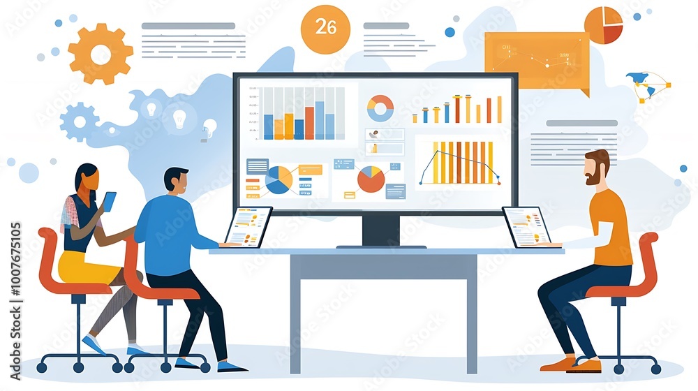 Poster people working in a meeting room with an analysis on screen, analyzing data and statistics.