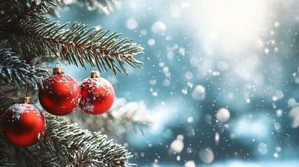 Red Christmas Ornaments Hanging on a Snowy Pine Branch with a Blurred Winter Background