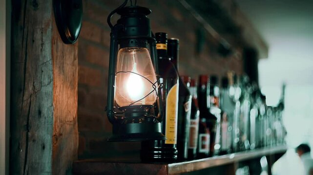 old fashioned kerosene lamp on a bar shelf