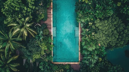 Serene Aerial View of a Pool Surrounded by Lush Nature
