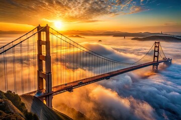 Obraz premium Majestic View of Iconic Landmark Bridge Surrounded by Fog and Golden Sunlight at Sunset