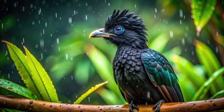 Majestic Umbrellabird Displaying Its Unique Plumage in a Lush Tropical Rainforest Environment