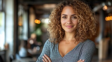 Fototapeta premium Confident Woman with Curly Hair in Modern Cafe