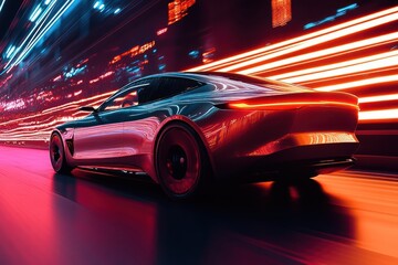 Obraz premium A sleek silver car drives through a futuristic neon tunnel.