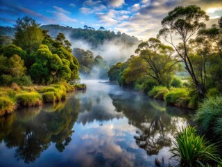 Misty Dark Dense Bush Along the Serene Banks of Hatea River in a Tranquil Natural Landscape