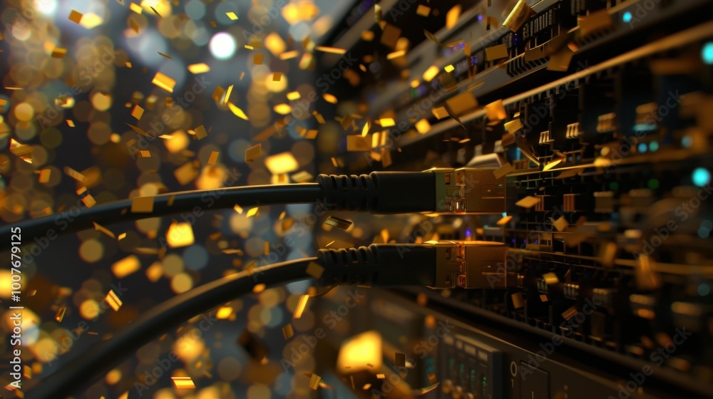 Poster Golden Confetti Over Network Cables and Servers