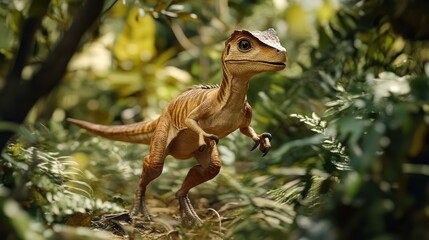 Obraz premium A small dinosaur walks through a lush jungle.