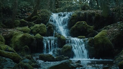Fototapeta premium A small waterfall cascades down moss-covered rocks in a lush forest setting.
