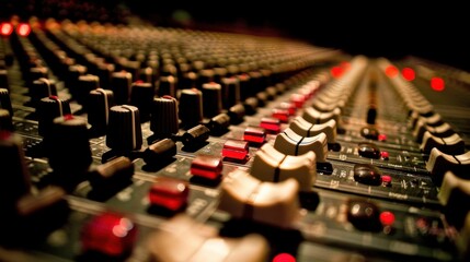 Fototapeta premium Close-up View of Audio Mixing Console Controls
