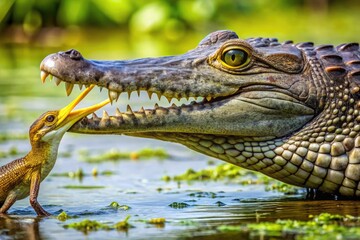 Fototapeta premium Mutualism in Nature: Bird Cleans Teeth of Crocodile in Unique Symbiotic Relationship in Wetlands