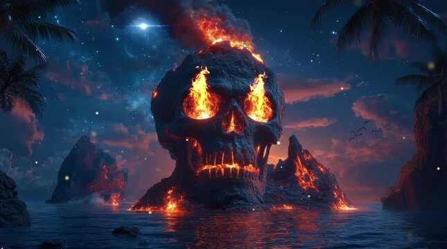 an island in the shape of a skull that emits fire and thick smoke, which is in the middle of the sea at night. Virtual 4K video animation background with looping time lapse with very smooth graphics.