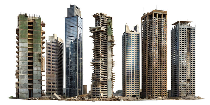 Fototapeta Set of ruined skyscrapers isolated on white background as transparent, PNG .AI GENERATED