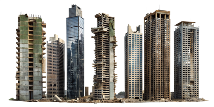 Set of ruined skyscrapers isolated on white background as transparent, PNG .AI GENERATED