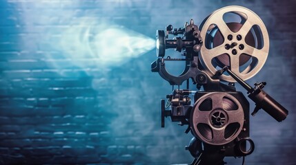 Naklejka premium Vintage Film Projector in Action with Light Beam