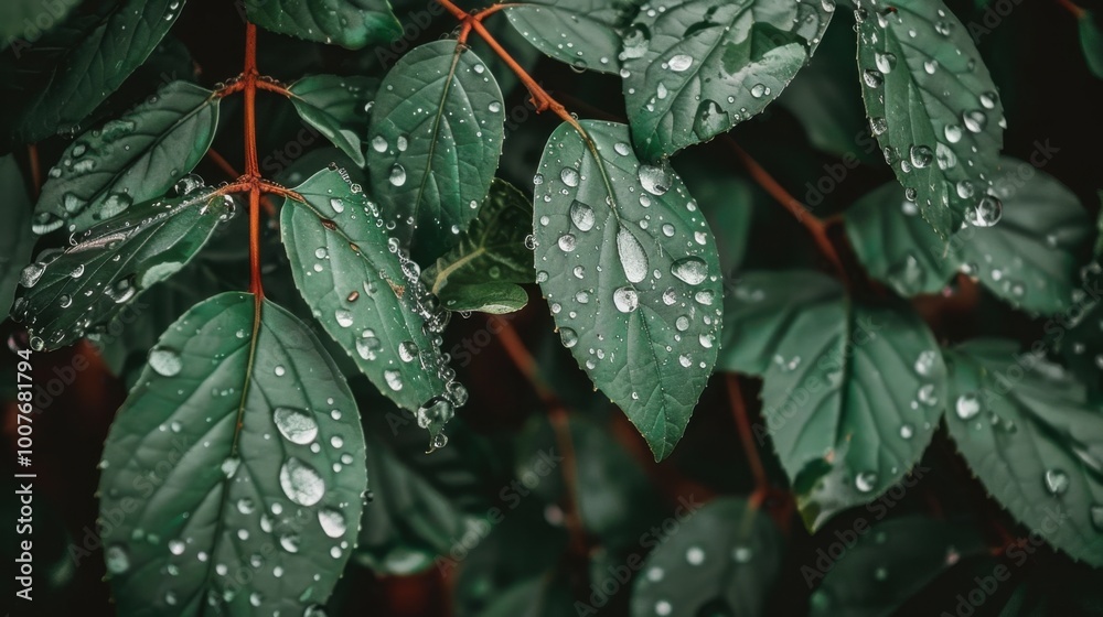 Sticker Raindrops on Fresh Green Leaves in Nature