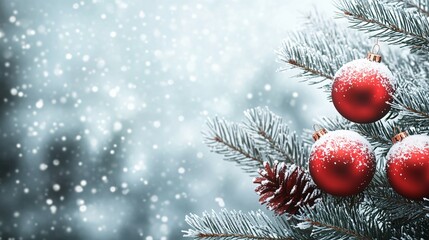 Obraz premium Snowy Pine Branch with Red Christmas Ornaments