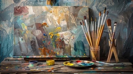 Fototapeta premium Colorful Paint Palette and Brushes on Wooden Table