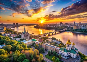 Naklejka premium Panoramic View of Kyiv Showcasing Historic Architecture and Scenic River Landscape at Sunset