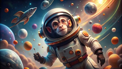 Playful Monkey Astronaut Floating in Space Surrounded by Stars and Planets with a Rocket Ship