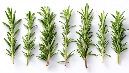 Fototapeta premium Minimalist design featuring fresh rosemary herb sprigs arranged in a row, perfect for culinary and decorative uses. Generative AI