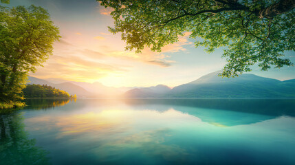 relaxing serene lake by the greenery mountain