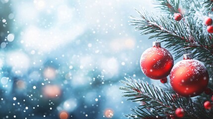 Snow-Covered Pine Branch with Red Christmas Ornaments