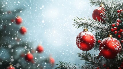 Red Christmas Ornaments on Snowy Pine Branch with Blurred Background