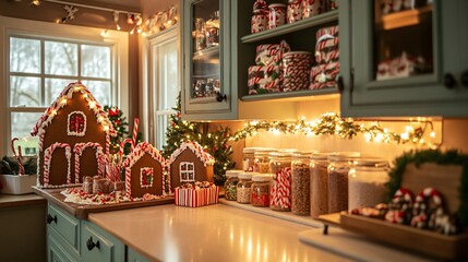 Gingerbread houses and candy cane decorations on a kitchen counter with jars of candy and Christmas lights.