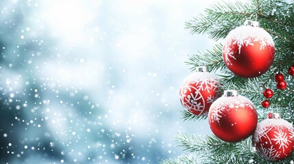 Red Christmas Ornaments on a Snowy Pine Branch
